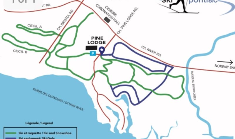 A map of Ski Pontiac's trails around Bristol, with a legend differentiating ski trails from walking trails and roads.