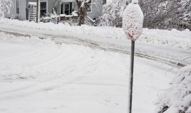 A snow covered stop sign and road after a snowstorm on Feb. 2 in southern Nova Scotia.