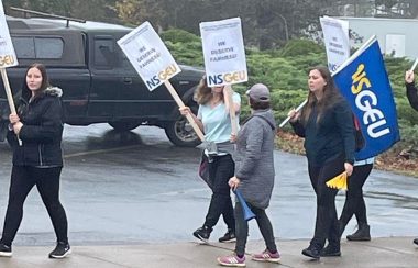 A group of striking workers walk a picket line outside. The are holding blue and white signs.