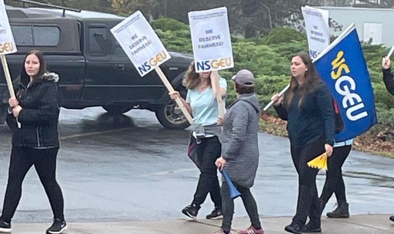 A group of striking workers walk a picket line outside. The are holding blue and white signs.