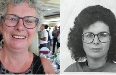 A close up of a smiing woman, and then another photo of the same woman from about 20 years before.