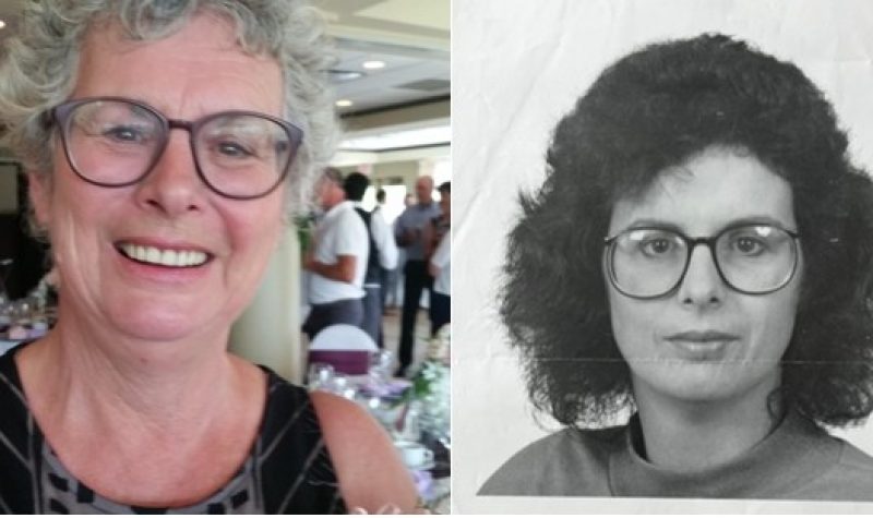 A close up of a smiing woman, and then another photo of the same woman from about 20 years before.