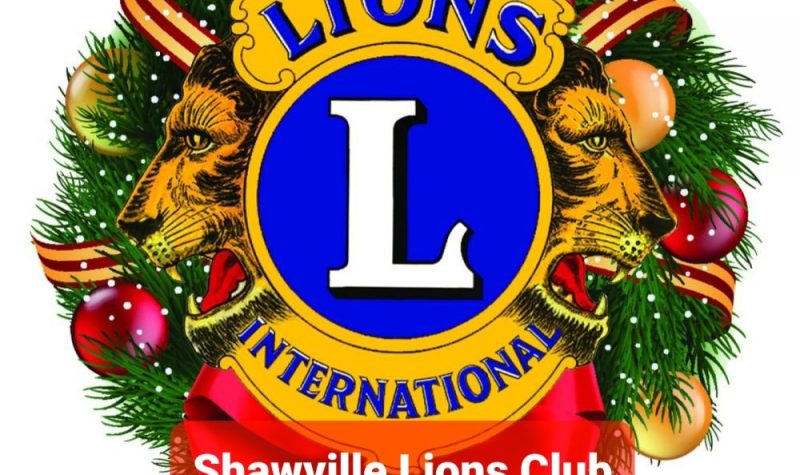 The Lions Club logo surrounded by a Christmas wreath with the words Shawville Lions Club Christmas Auction 2021 below.
