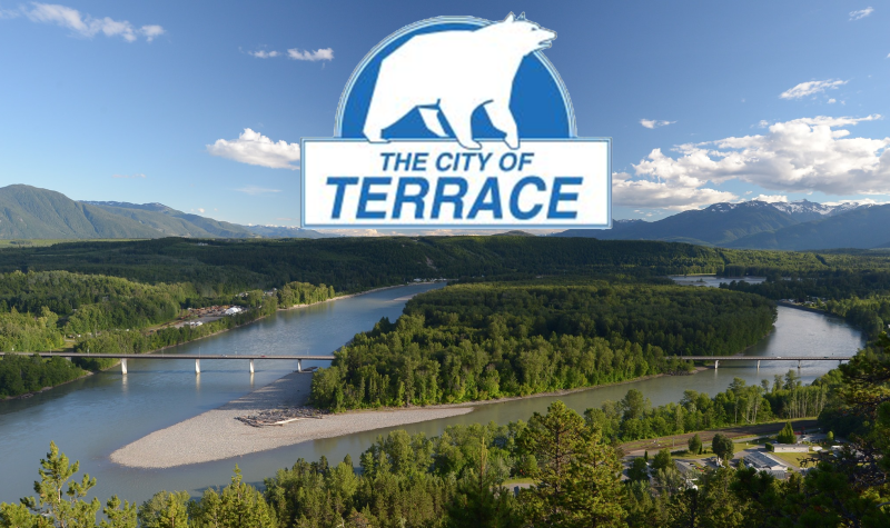 A City of Terrace logo featuring a polar bear on a backdrop image of the terrace bridges