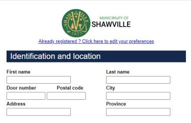 A screenshot of a sign-up page for Shawville's telephone alert system, with empty boxes for inputting personal information, with a green and gold Shawville logo at the top.