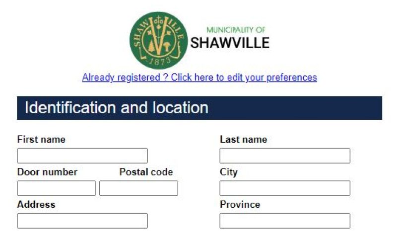 A screenshot of a sign-up page for Shawville's telephone alert system, with empty boxes for inputting personal information, with a green and gold Shawville logo at the top.