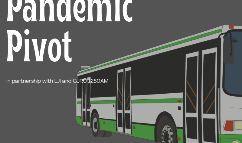 The TTC aims to do more with less. Graphic of bus and 'pandemic pivot' lettering