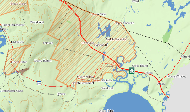 A map of the Tantramar region of southeast New Brunswick, showing municipal boundaries.