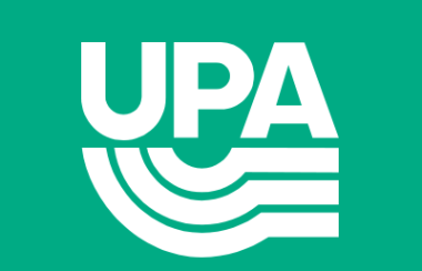 A logo with white letters on a green background. The letters say 'UPA'