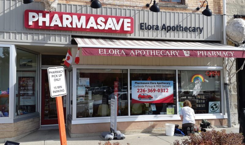 The storefront of Pharmasave Elora Apothecary in Elora, Ontario.