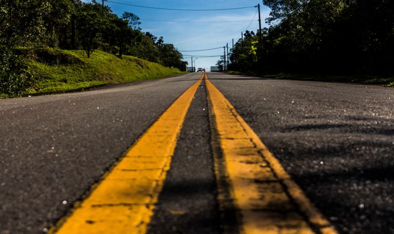 Black asphalt with yellow lines with a blue sky and green trees. A ground-level photo.