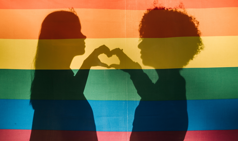 Two children create the outline of a heart with their hands through a rainbow pride flag with a light shone on it.