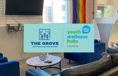 A tidy room with a TV and a pride flag is in the background of the Grove logo.