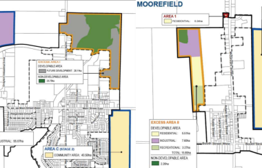 Two maps outline the possible border expansions in Mapleton's urban areas of Moorefield and Drayton.