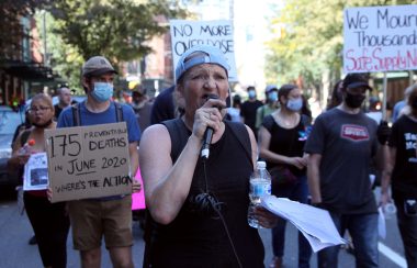 Hundreds march in the Downtown Eastside on Aug. 15, 2020
