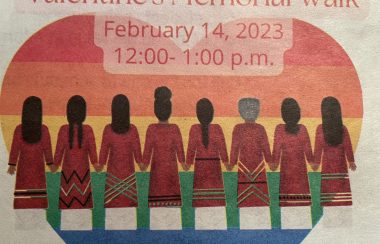 Valentine Memorial Walk in red lettering with heart shaped background with row of painted women facing away and holding hands. dressed in red dresses mostly with black long hair.