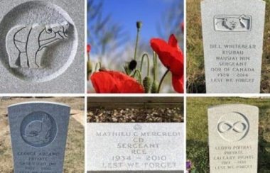 Five different pictures of permanent grave markers inscripted with various symbols on each one, bear, eagle, Metis flag, and a red poppy picture in top middle.