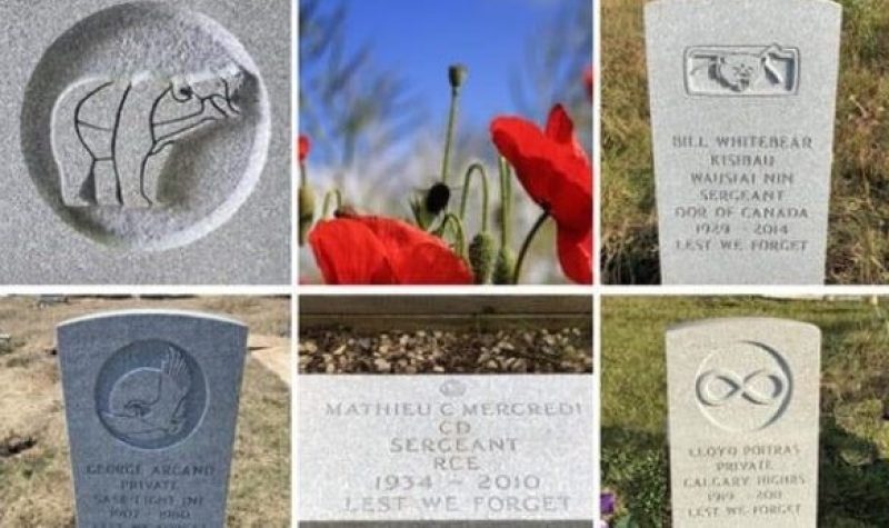 Five different pictures of permanent grave markers inscripted with various symbols on each one, bear, eagle, Metis flag, and a red poppy picture in top middle.