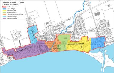 A black and white trace map of the village of Wellington, with purple, light blue, orange, green, yellow, and blue sectors overlaid on top of it.