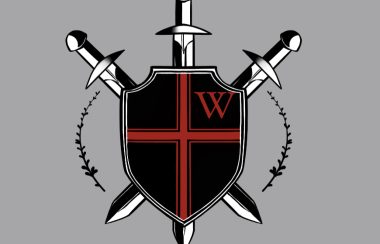 The black and red and white logo for the Warriors with three swords in a shield with a red cross and red letter 'w' in the right corner