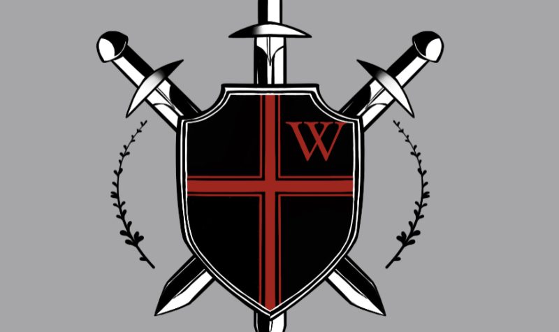 The black and red and white logo for the Warriors with three swords in a shield with a red cross and red letter 'w' in the right corner