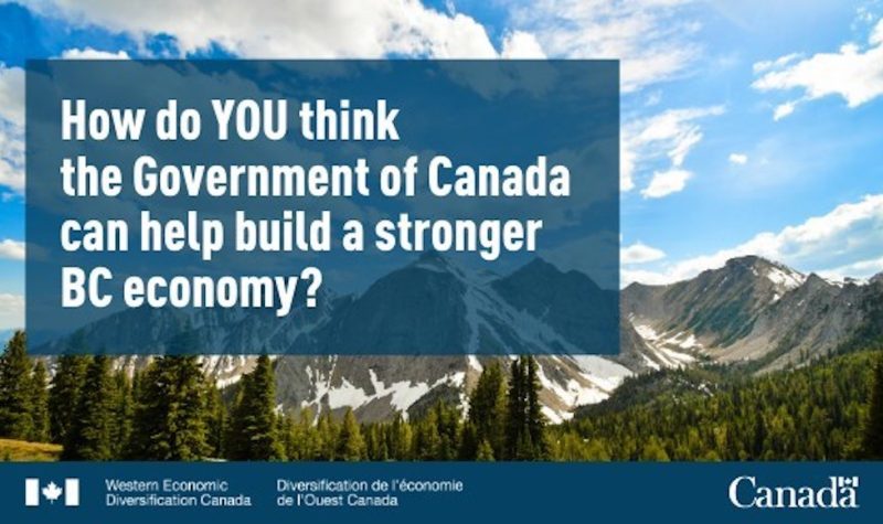 A blue poster with a mountain in the background that shows the Government of Canada's latest project on BC economic diversification.
