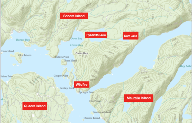 A green, blue and red map showing the location of the Sonora Island fire in relationship to Quadra and Maurelle Islands