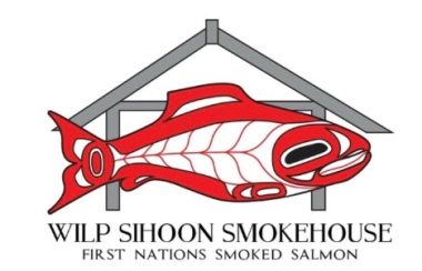 A red and white company logo in Indigenous art work. It shows a salmon.