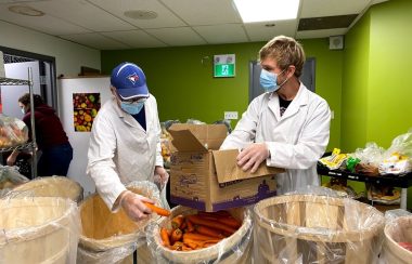 Personas en un banco de alimentos llenando cajas