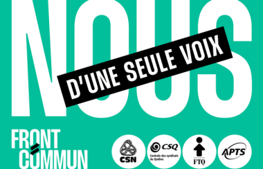 A poster for the common front of Quebec public sector unions, featuring block letters on a teal background.