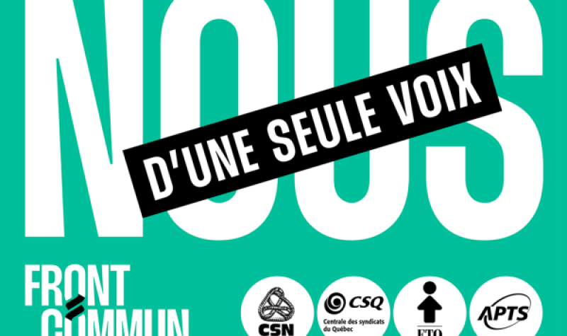 A poster for the common front of Quebec public sector unions, featuring block letters on a teal background.