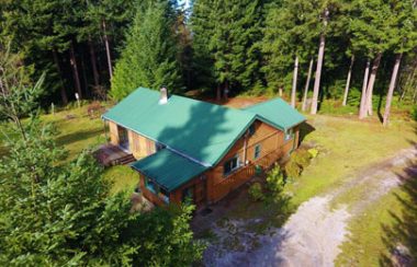 An aerial shot of house with tin green roof, wood siding, trees & grass around