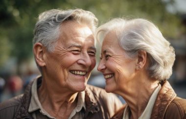 Un homme et une femme d'âge aîné aux cheveux blanc, collé l'un à l'autre avec chacun un sourire