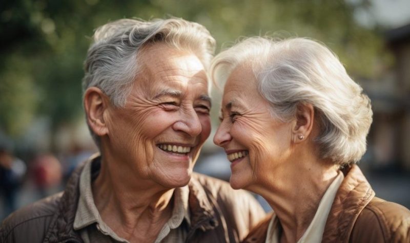 Un homme et une femme d'âge aîné aux cheveux blanc, collé l'un à l'autre avec chacun un sourire
