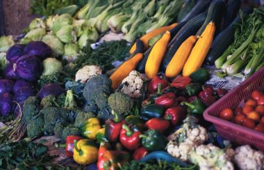 Des légumes dans un présentoir. Parmi ceux-ci on retrouve brocolis, poivrons, tomates, choux-fleurs et courgettes