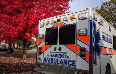 An ambulance sits by a curb with fall leaves and a red-leaved tree in the background.