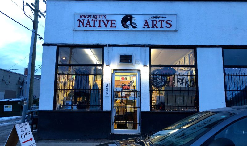 Angelique's Native Arts storefront at dusk.