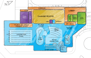 Un plan provisoire du centre aquatique, avec les différentes installations réparties sur l'ensemble de l'espace prévu pour le projet.