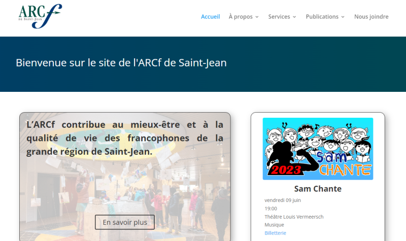 Capture d'ecran du nouveau site de l'ARCf de Saint-Jean. Fond blanc, logo en haut a gauche et menu a droite. La page est divisée en plusieurs blocs rectangulaire proposant des contenus différents.