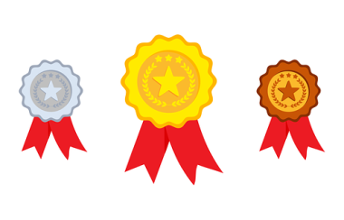 Trois médailles avec rubans rouge. Une médaille d'or au centre. À gauche, une médaille d'argent et à droite, une médaille de bronze