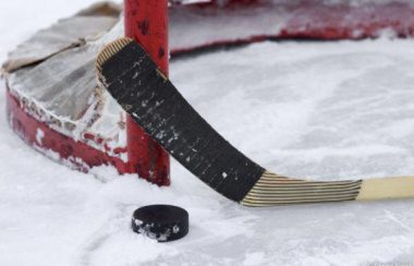 Un bâton de hockey devant un but