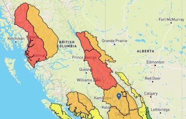 A map of B.C. sectioned off into different colours to show the avalanche danger rating.