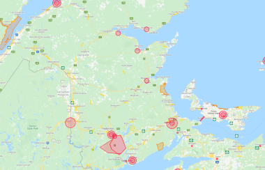 A map of New Brunswick indicates no fly zones in red.