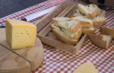 A block of cheese sits on a wooden plate. A loaf of bread sits on another wooden plate. The plates are sitting on a red and white checkered table.