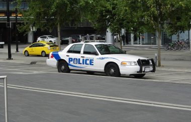 Route au premier plan et au second une voiture de police blanche et bleu et en arrière plan des arbres et une voiture de taxi jaune