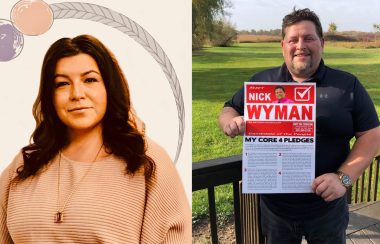 Two side by side portraits of election candidates. (Pictured Left) A woman smiling wearing a pink shirt infront of a beige digital background that features a circled feathered wreath. (Pictured right) A man wearing a black shirt standing on a deck with grass in the background. The man is holding an election sign.