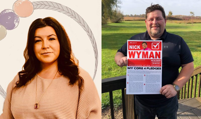 Two side by side portraits of election candidates. (Pictured Left) A woman smiling wearing a pink shirt infront of a beige digital background that features a circled feathered wreath. (Pictured right) A man wearing a black shirt standing on a deck with grass in the background. The man is holding an election sign.