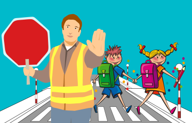 illustration avec un homme en gilet jaune au premier plan avec un panneau rouge dans la main droite et la main gauche levée, en arrière-plan deux enfants traversant sur un passage piéton.
