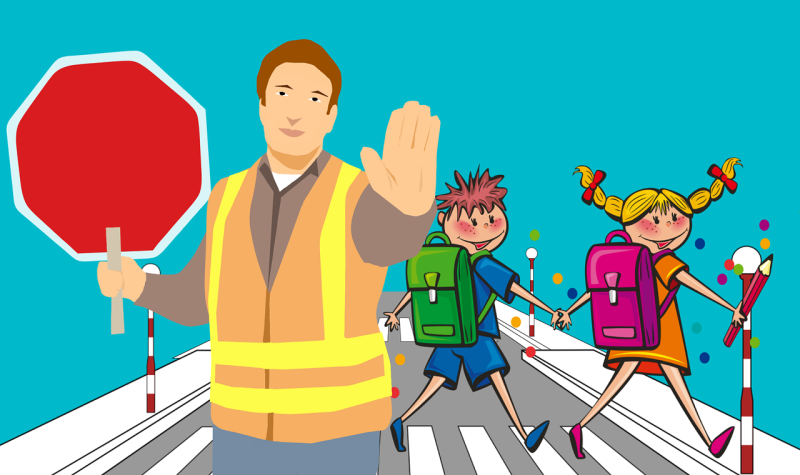 illustration avec un homme en gilet jaune au premier plan avec un panneau rouge dans la main droite et la main gauche levée, en arrière-plan deux enfants traversant sur un passage piéton.