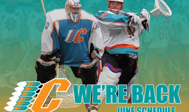 2 lacrosse goaltenders in full goalie equipment in the foreground with a light blue and orange background with text that says we're back and including upcoming lacrosse game dates.